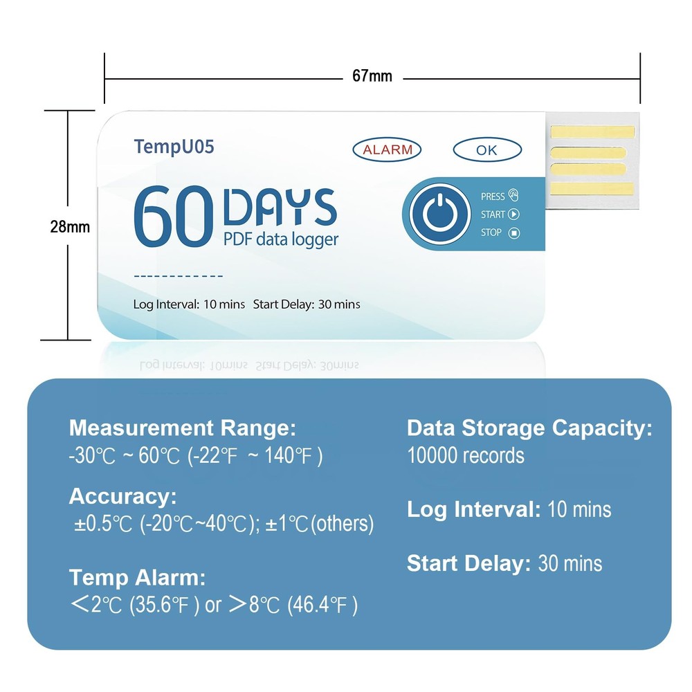 Temperature Data Logger USB Single Use Temp Recorder 10 Packs with PDF Report...