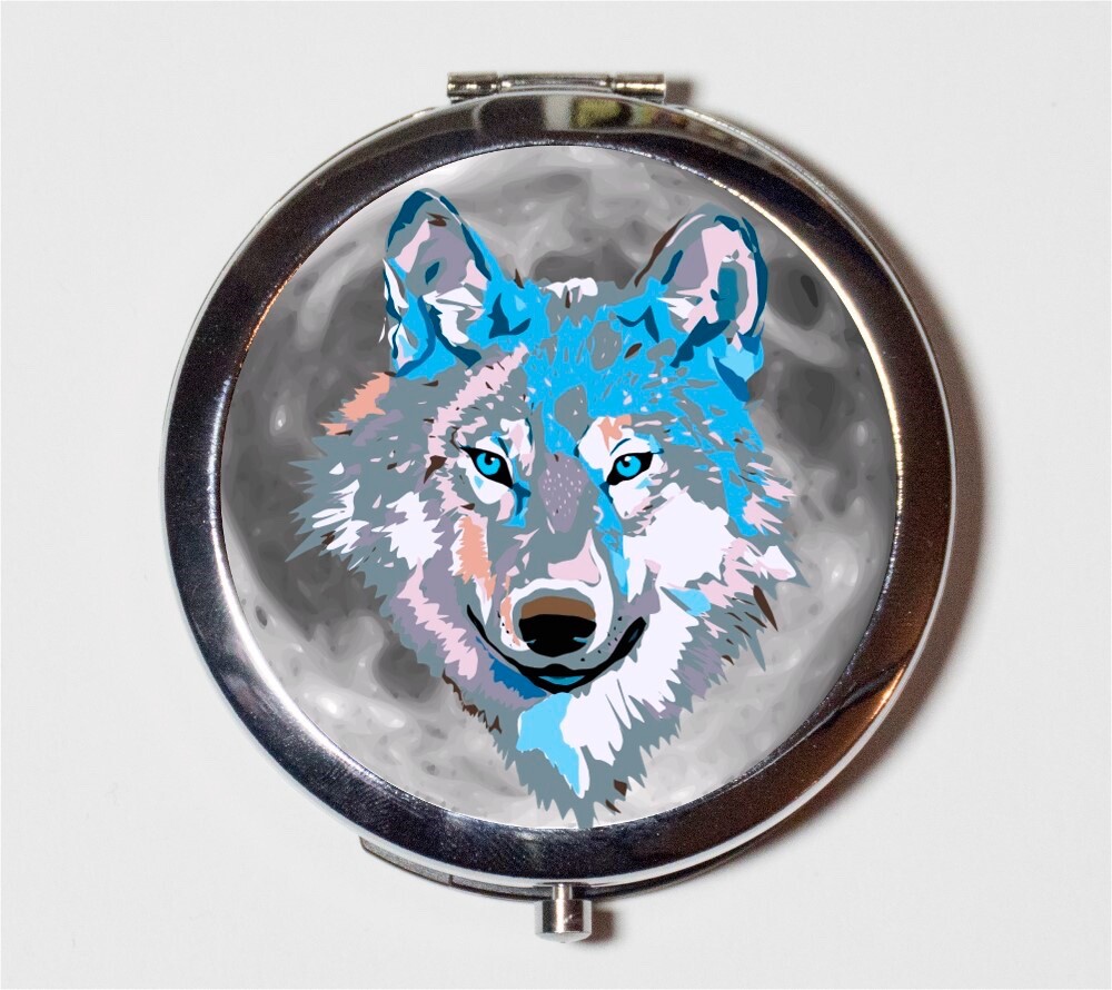 Blue Wolf Animal Art Compact Mirror Make Up Pocket Mirror Cosmetic