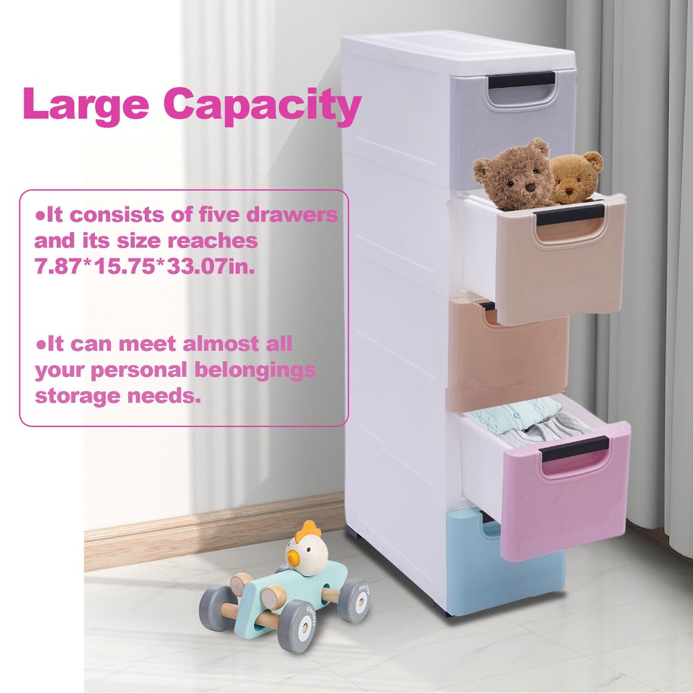 Plastic Stackable Storage Box Clothes Organizer Cabinet Tower 5 Drawer w/ Wheel
