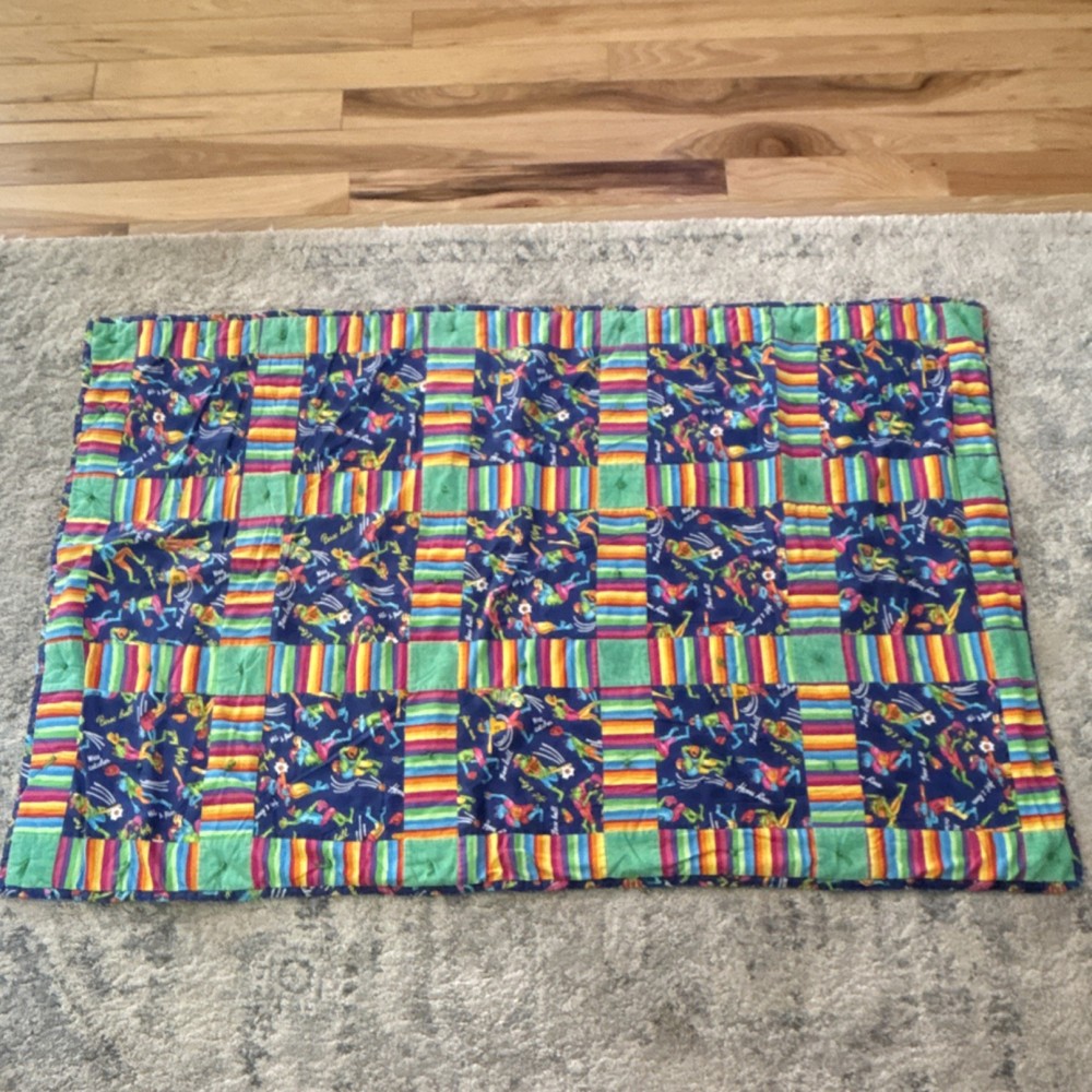 Handmade Multicolor Embroidered Patchwork Baseball Frog Sports Theme Quilt