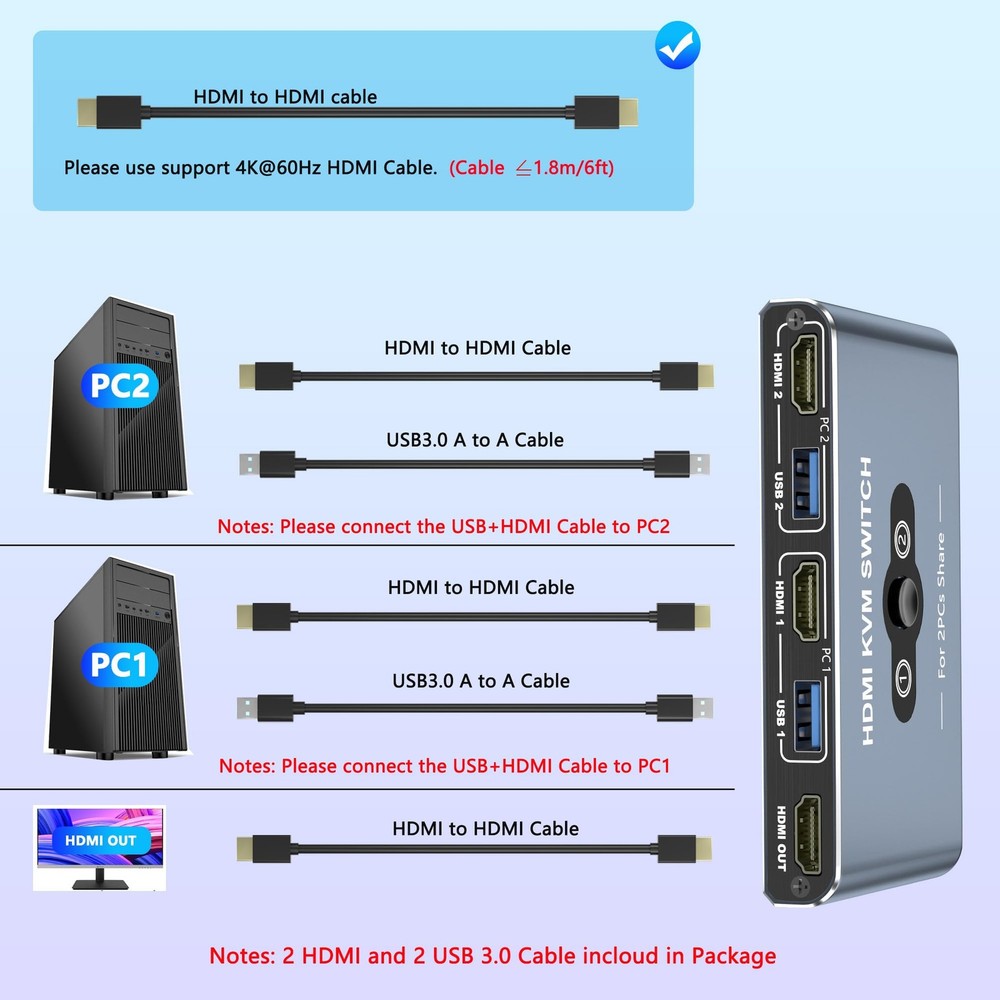 KVM Switch, KVM Switch 1 Monitors 2 Computers, HDMI Switch, 4K60Hz KVM Switch...