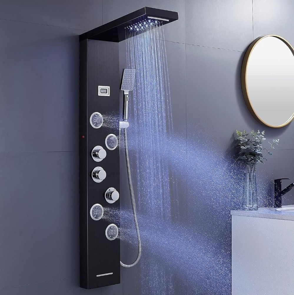 Shower Panel Tower led Black / Chrome 4 Jet, Rainfall, Handheld, 6 Function