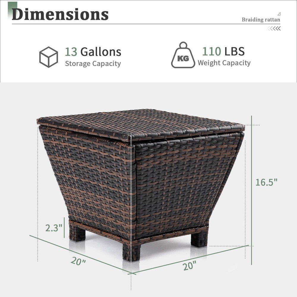 Outdoor PE Wicker Side Table with Storage, Small Patio Storage Bin Container