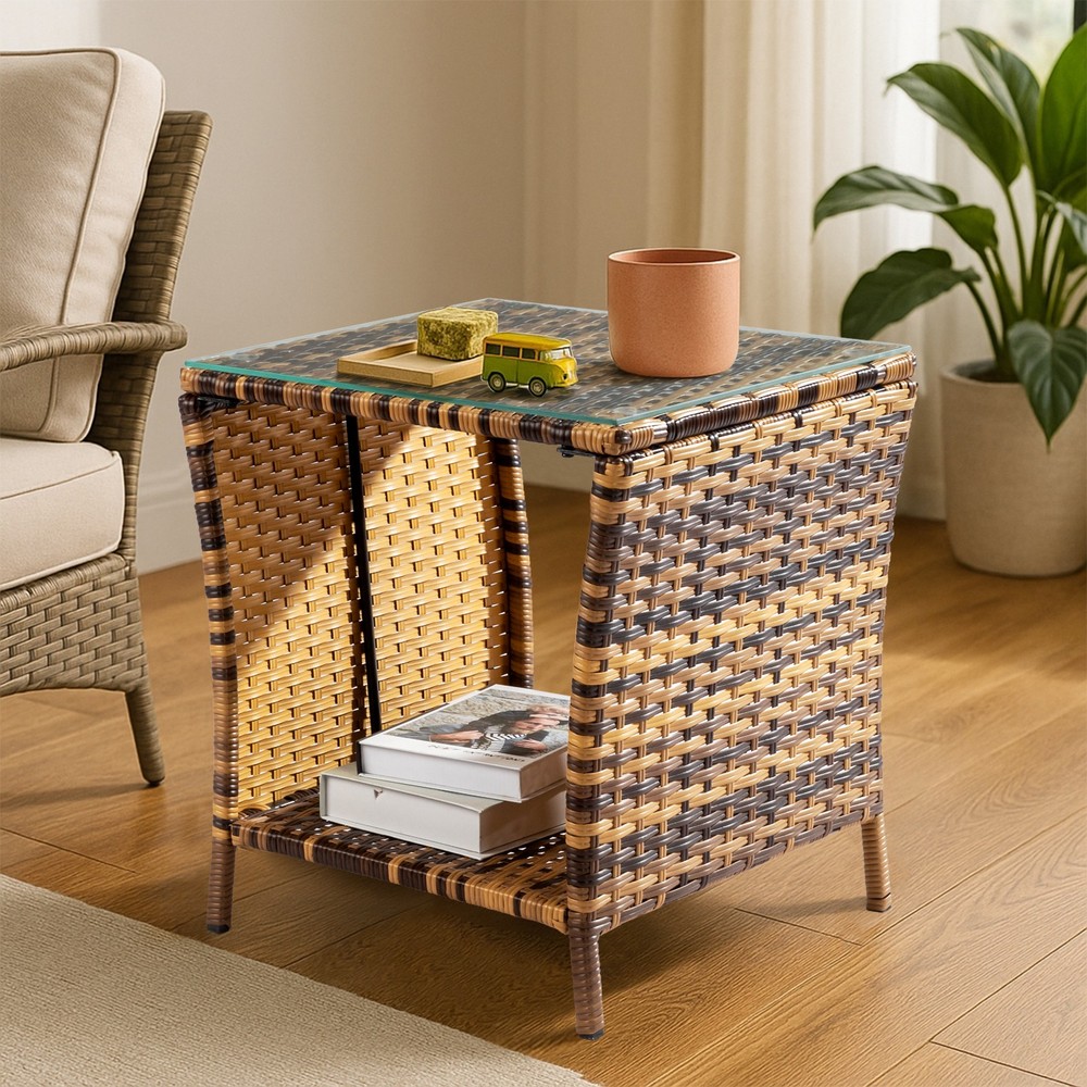 Brand New Glass Surface Yellow Gradient Iron Frame Rattan Side Table --