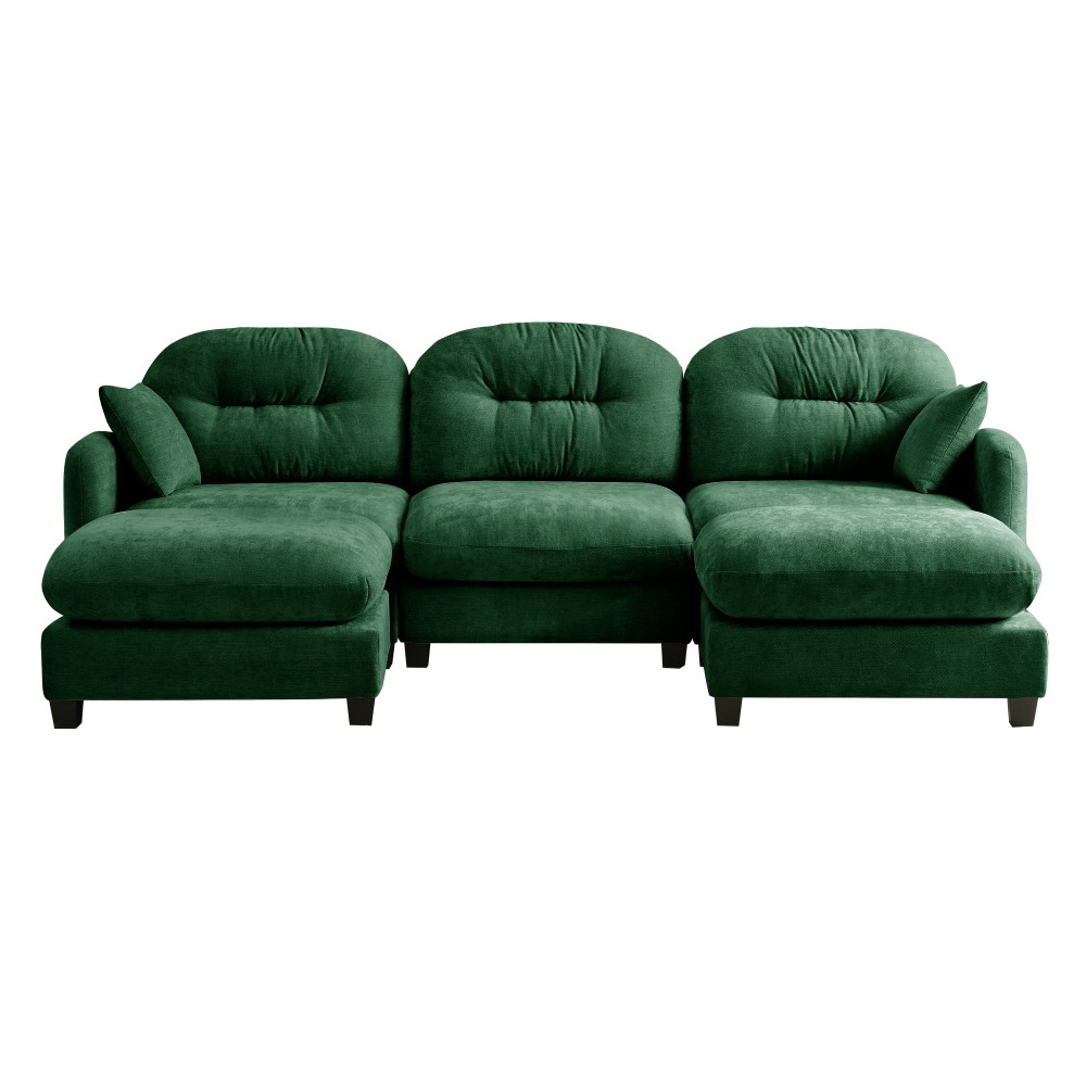 U-Shaped Modular Sectional Sofa w/ Ottoman & Pillows, Chenille Fabric, Green