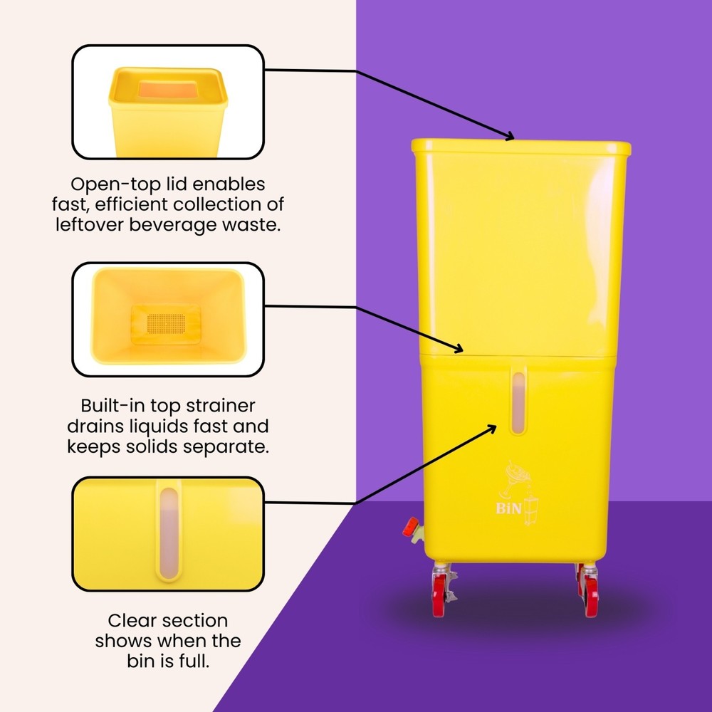 Yellow Drink Dump Bin w/ Wheels – Dual Compartment Liquid & Trash Disposal