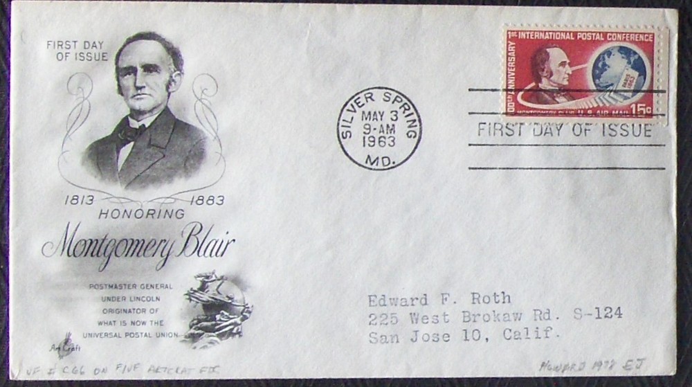 US FDC SC #C66  MONGOMERY BLAIR 1963 Art Craft Cachet.