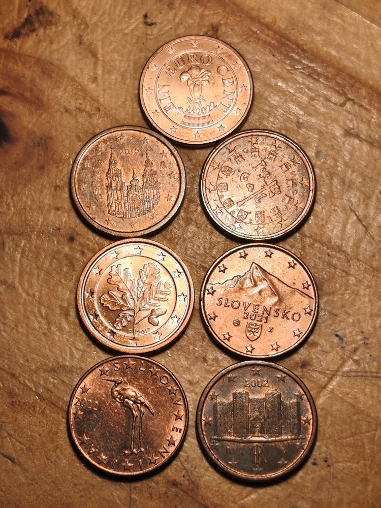 7x 1 Euro Cent Coins, Circulated, Various Countries