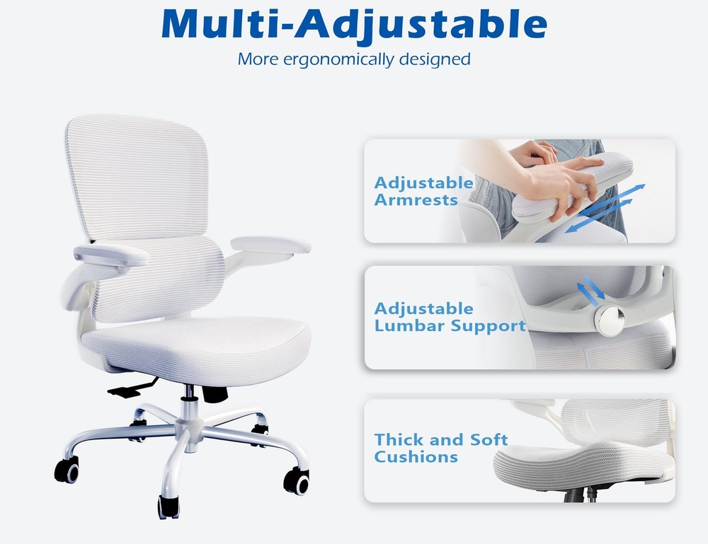 Ergonomic Office Chair Adjustable Lumbar Support Mesh Comfy Flip up Armrests