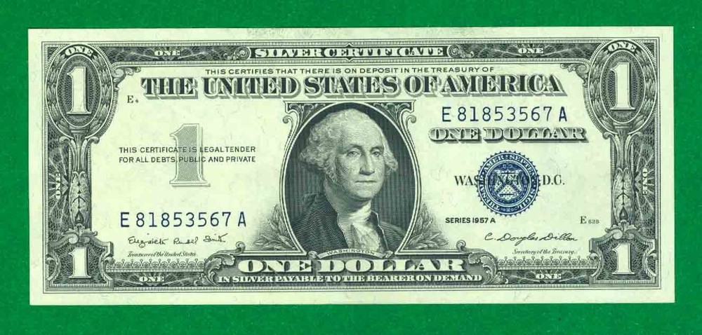 $1 1957-A 1 E/A BLOCK BLUE SEAL SILVER CERTIFICATE CU.