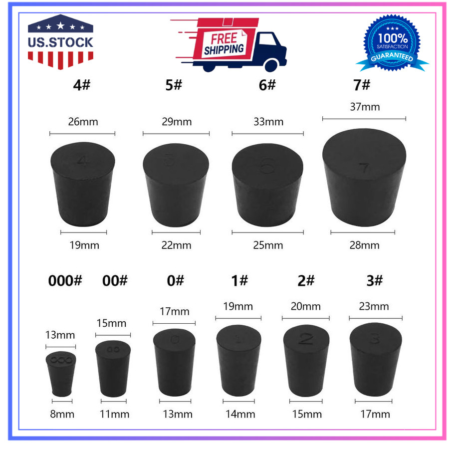 27 Pack (10 Assorted Sizes) 000# - 7# Tapered Lab Bungs Solid Rubber Stoppers