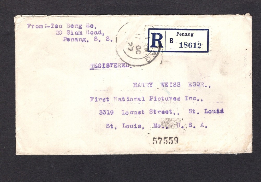 Straits   Settlements   registered  cover  to  US 1927