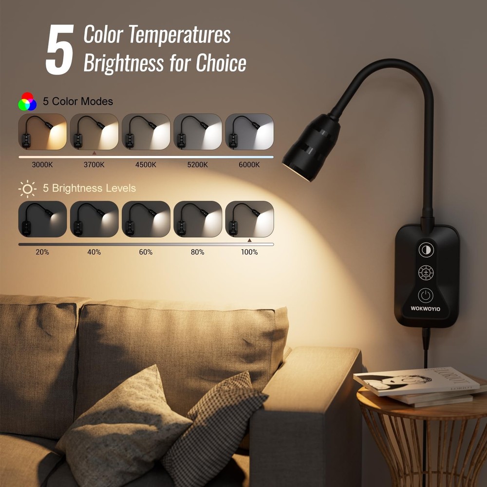 Wall Mounted Reading Light for Bed, Headboard Light with 360° Flexible Arm,
