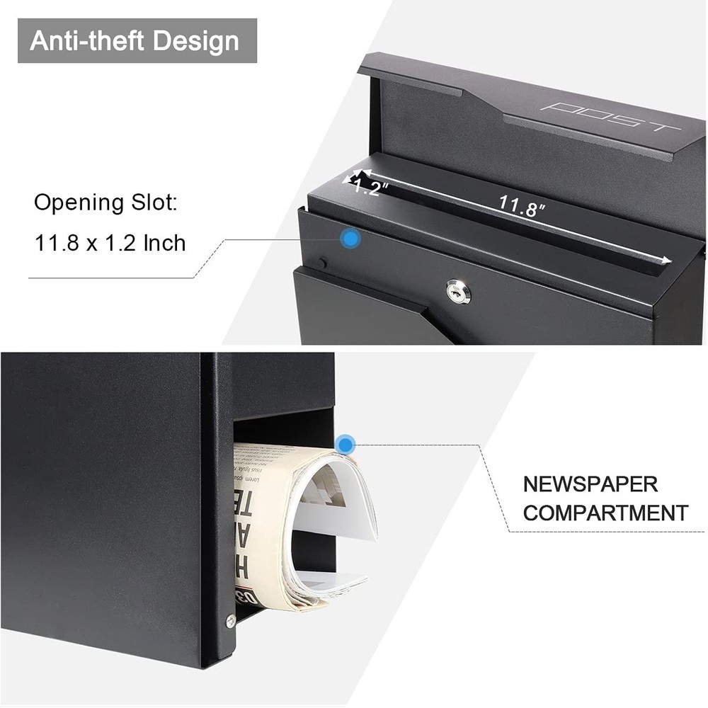 Metal Mailbox Wall Mount, Locking Mailbox with Key Lock, Hanging Secure Postb...