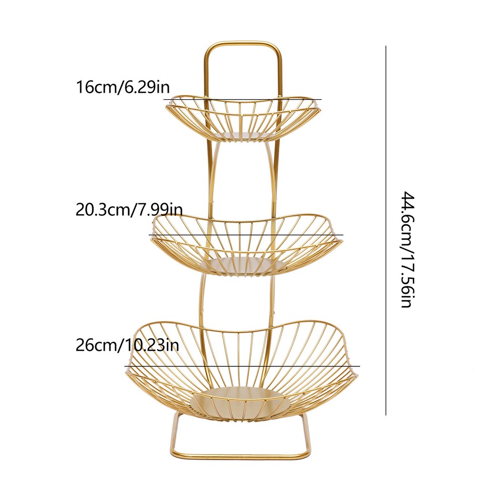 3-Tier Fruit Basket Bowl, Gold Metal Kitchen Storage Rack for Vegetables, 44.6CM