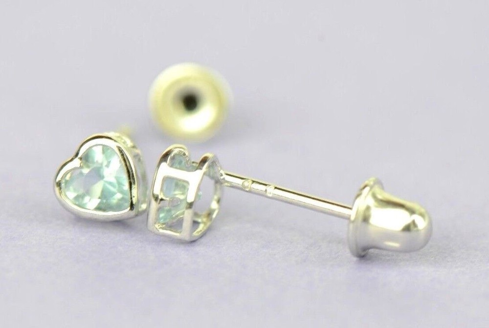 14K Solid White Gold Heart Stud Earrings Birthstone 3MM X 3MM