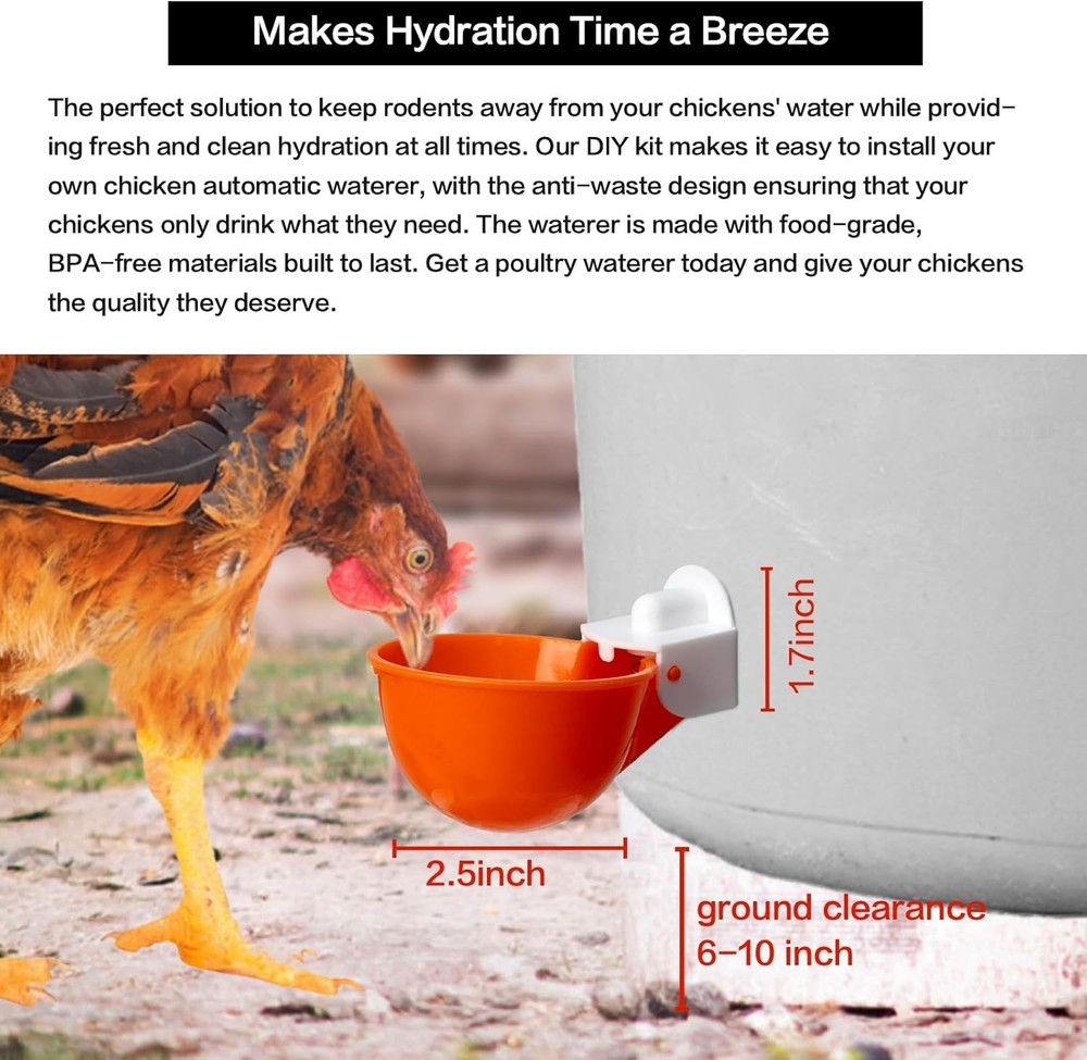 No Waste Poultry Watering Solution - 6 Automatic Cups for Chickens & Ducks
