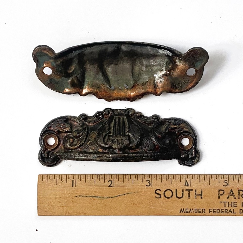 Two 4.25" Cast Iron Drawer Bin Pulls Lyre Scrolls Sargent & Co. NY CT c1870s+