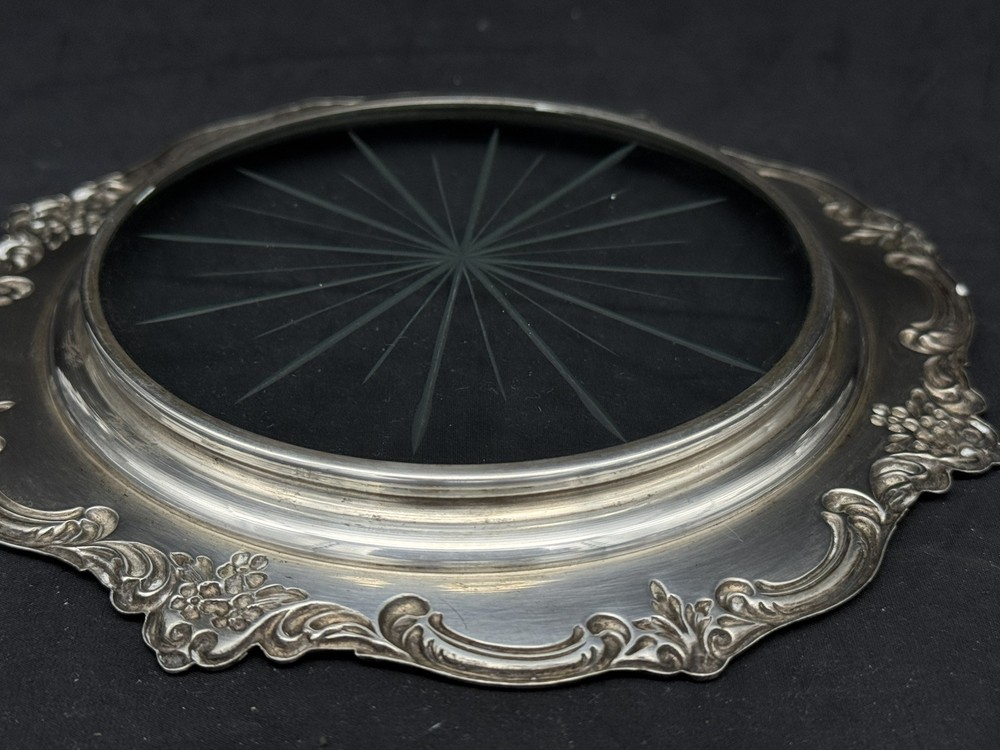 Vintage Sterling Silver Glass Coaster Repousse, 6.25"