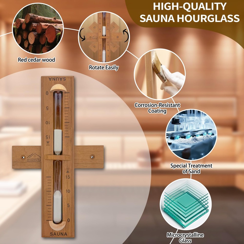 Red Cedar Sauna Timer, Wall-Mounted 360° Rotating 15 Minute Sand Timer, Sauna...