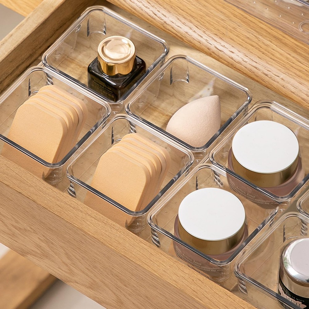 8 PCS Stackable Clear Drawer Organizers 3" x 3" x 2" Square Trays Small Makeu...