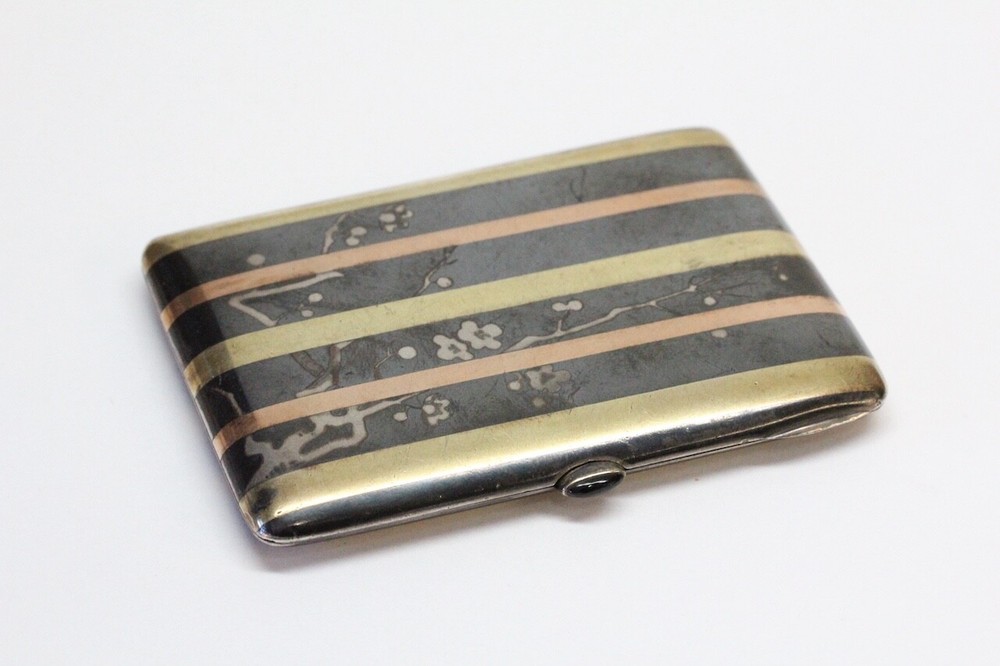 Vintage DAMASCENE Solid Silver Cigarette Case - Dogwood Trees - European Marks