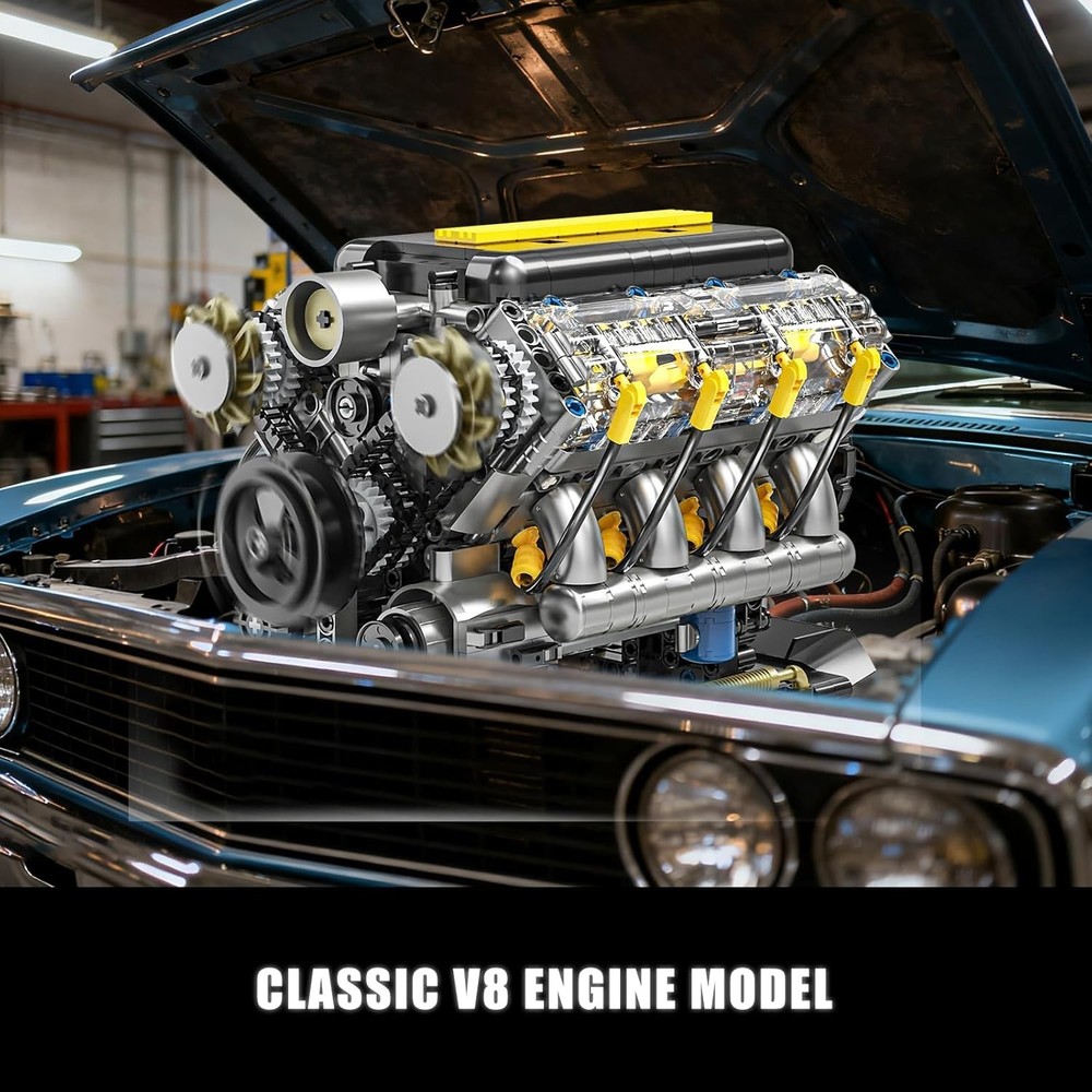V8 Engine Model Kit That Runs, Visible Mini Car Motor Building Blocks Set for Ad