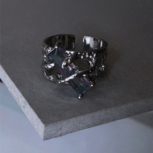 Adjustable Gothic Ring with Red Rhinestone, Resizable Hollow Out Ring