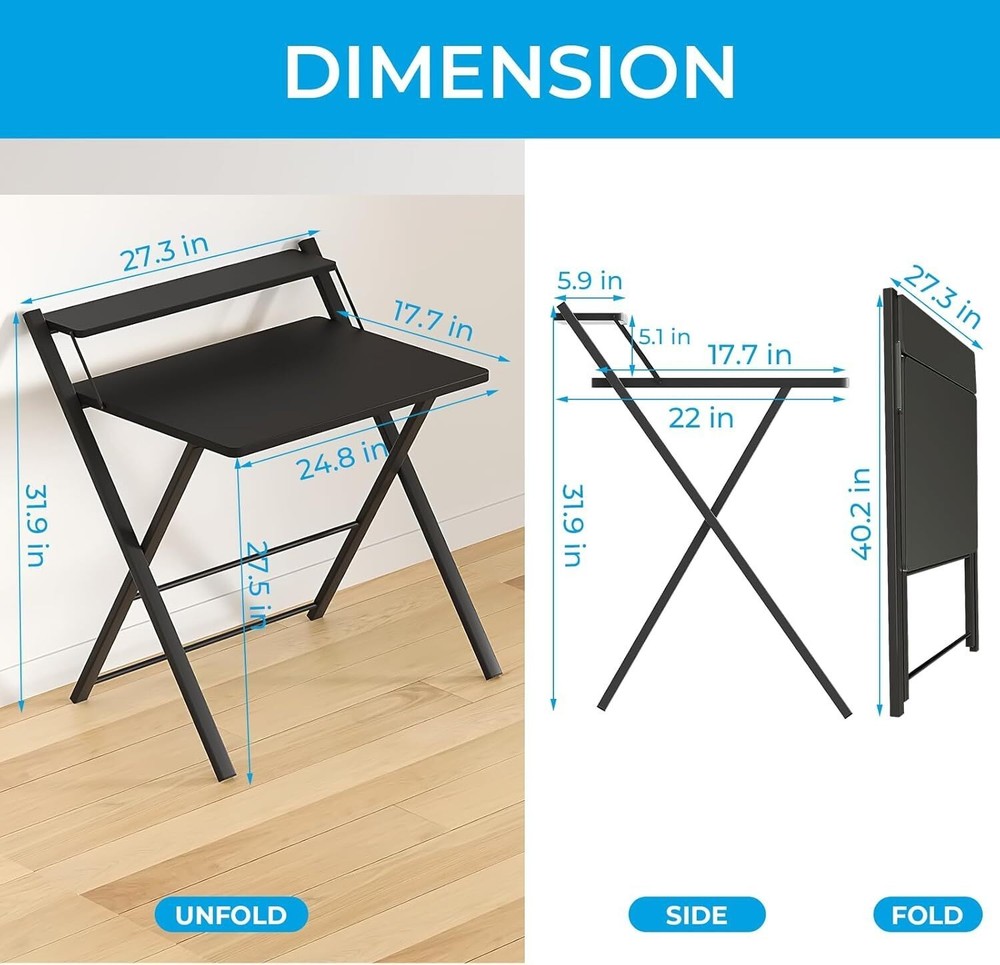 2-Tier Foldable Computer Desk Portable Laptop Study Table with Shelf Home Office