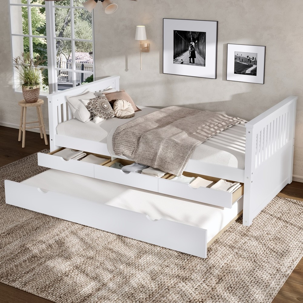 Modern Twin Size Solid Wood Platform Bed Frame Daybed with Trundle and 3 Drawers