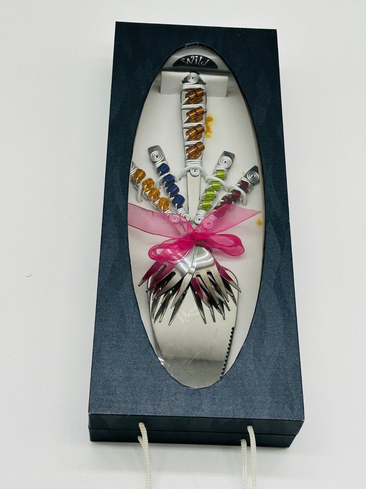 Wild Eye Designs 5 pc Cake Serving Set Cake Knife & 4 Mini Forks Beaded