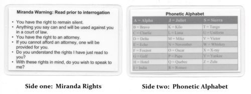 Miranda Warning/Rights & 10-Code/Penal Code Reference Card Set 4 Sheriff/Police