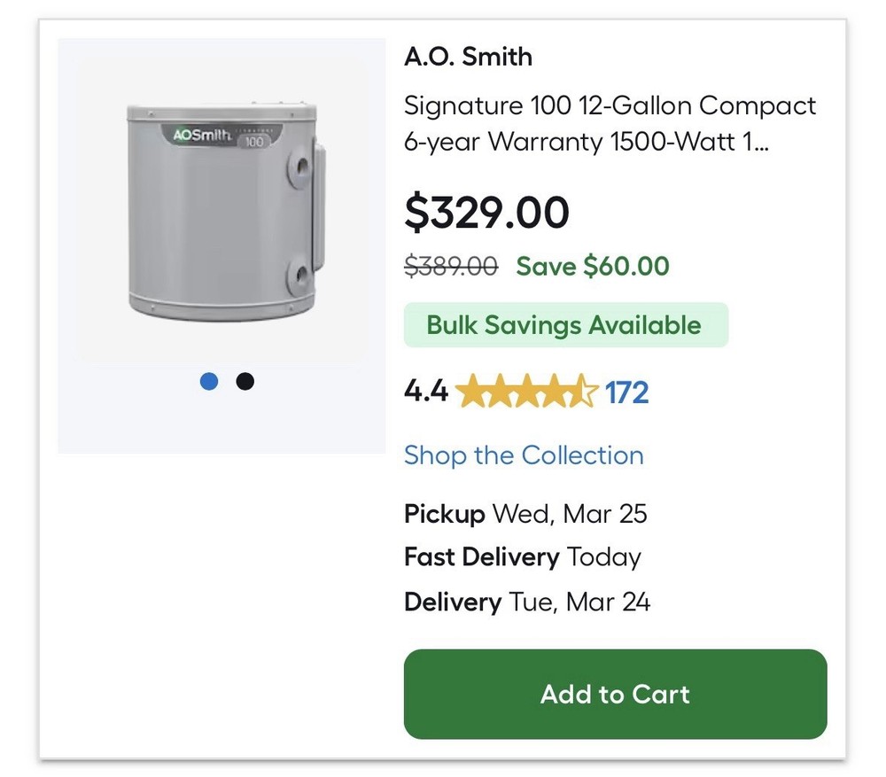 A.O. Smith Signature 100 12-Gallon Compact 1500W Storage Tank Water Heater, Gray