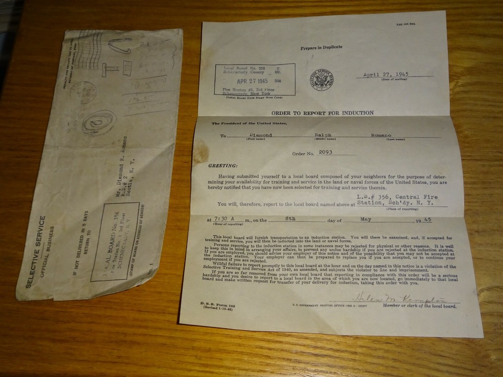 1945 Original WW2 Selective Service Order To Report letter and envelope