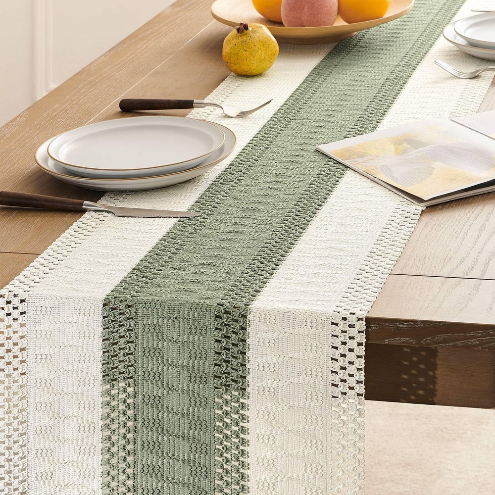 Macrame Style Bicolor Stitching Table Runner, 14 x 72 Inch Green/Ivory, Boho ...