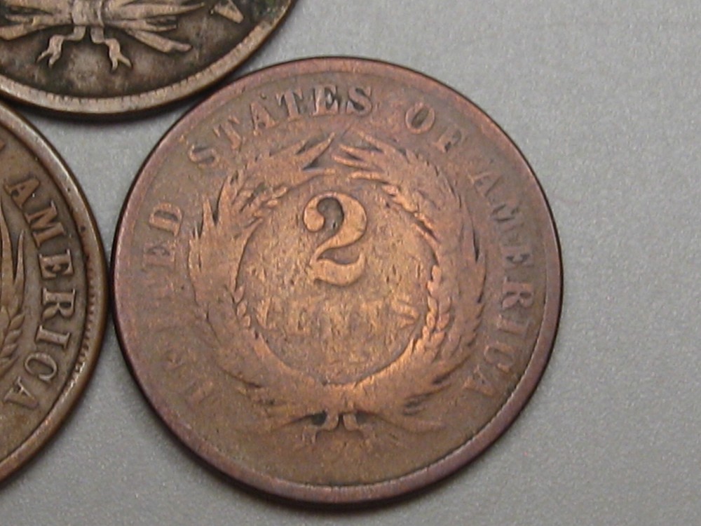 3-US 2¢ Two Cent Piece 1864, 1865, 1867.