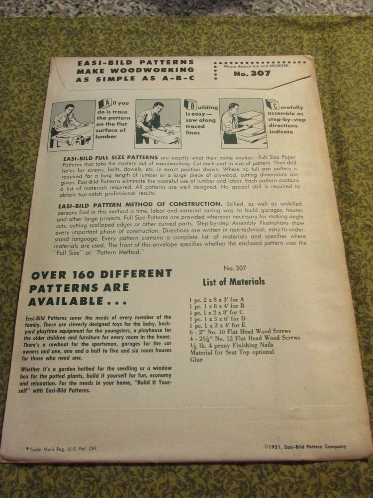 Easi-Bild Build It Yourself PATTERN COMPLETE NO. 307 Modern Bench