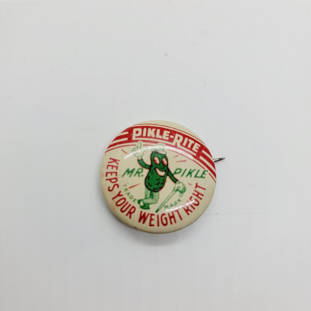 Vintage Mr Pikle Rite Pinback Button Anthropomorphic Pickle Advertising Pin