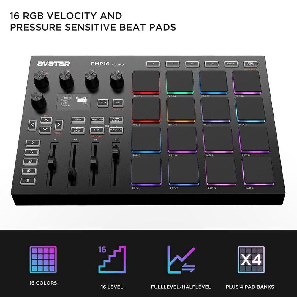 EMP16 MIDI Pad Controller Beat Maker Machine With Bluetooth, 16 RGB Velocity ...
