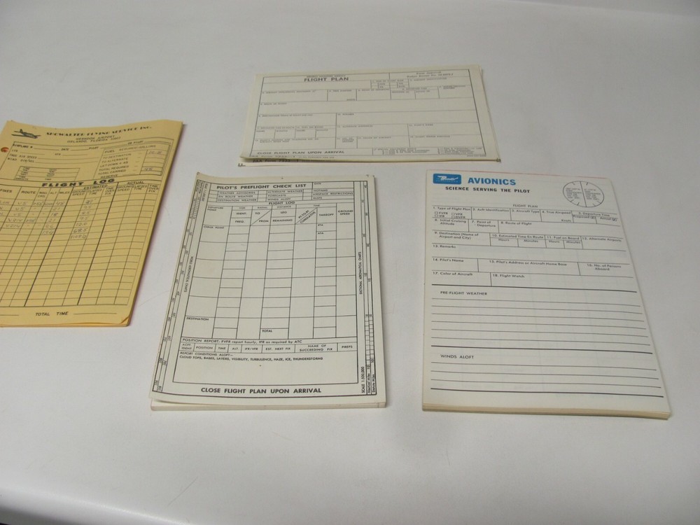Vintage Avionics & Federal Flight Plan, Pilot's Preflight Check List, Flight Log