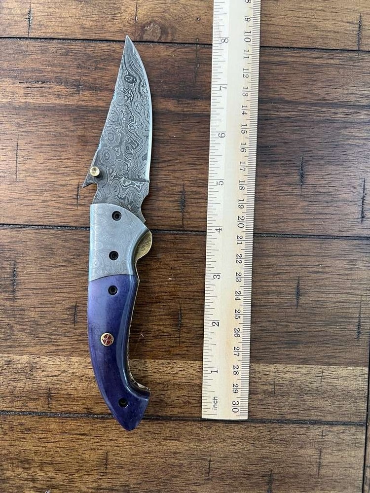 CUSTOM HANDMADE DAMASCUS COLORED CATTLE BONE HANDLE FOLDING KNIFE W/ SHEATH 29