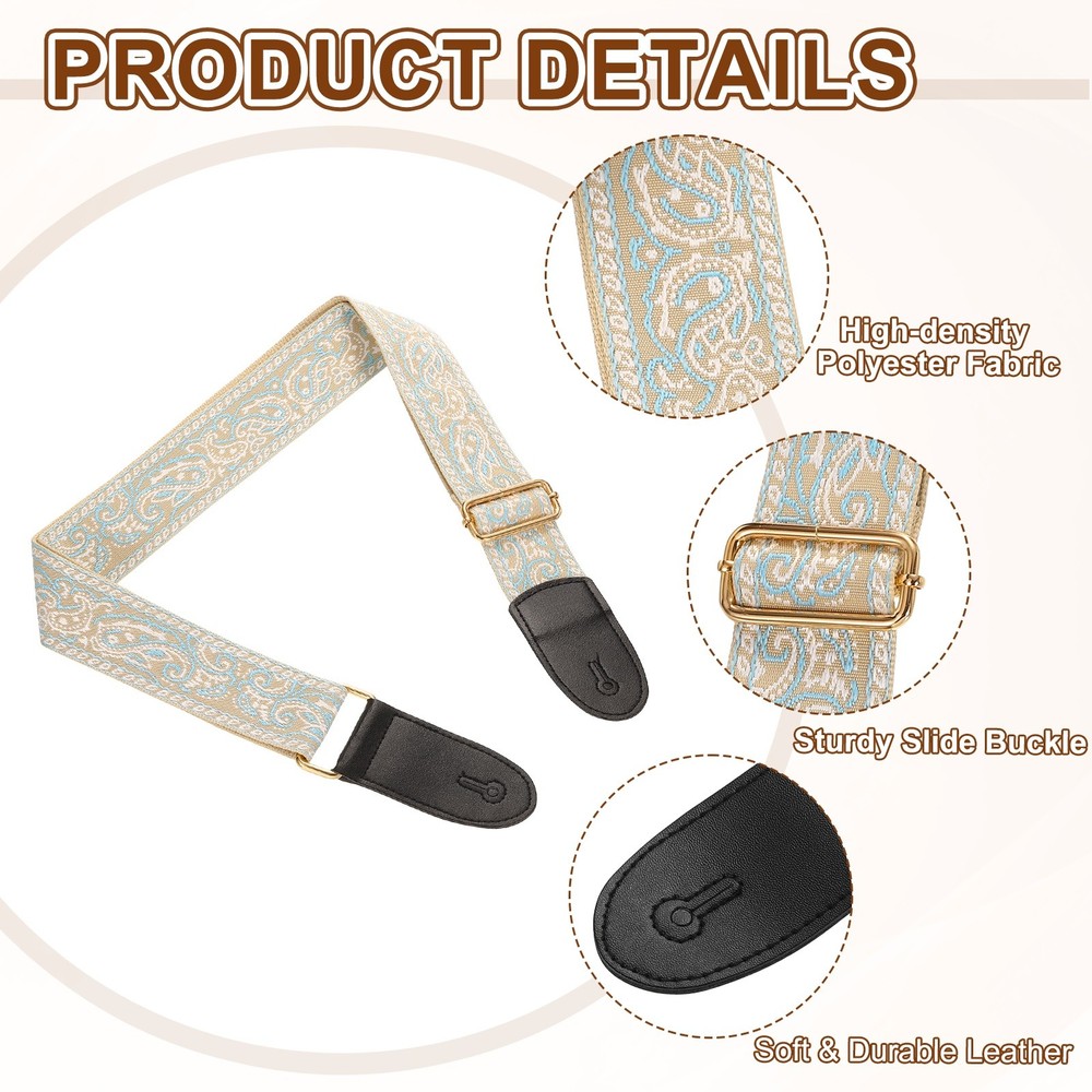 Guitar Strap Adjustable Straps with Light Gold Buckle Blue-White Pattern