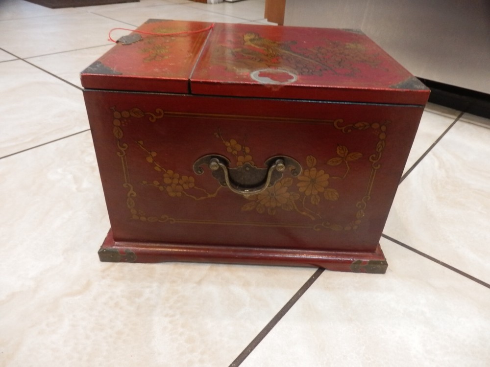 Chinese Oriental Red Flower Birds Rectangular Jewelry Box Vanity Mirror