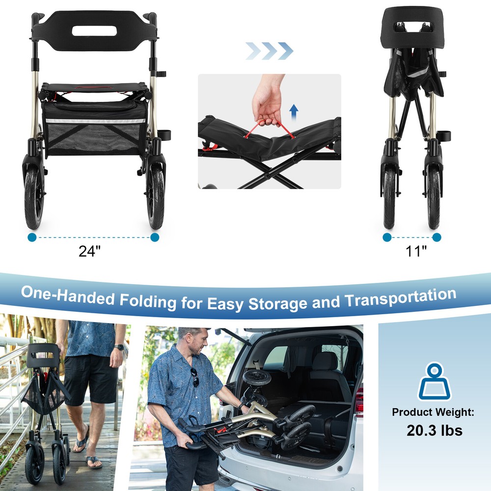 Rollator Walker Seniors 12''x10''rubber wheels Adjustable Height Foldable Seat