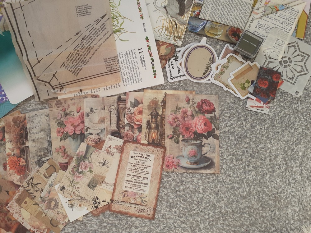 150pc junk journal kit with handmade junk journal, ephemera bundle.