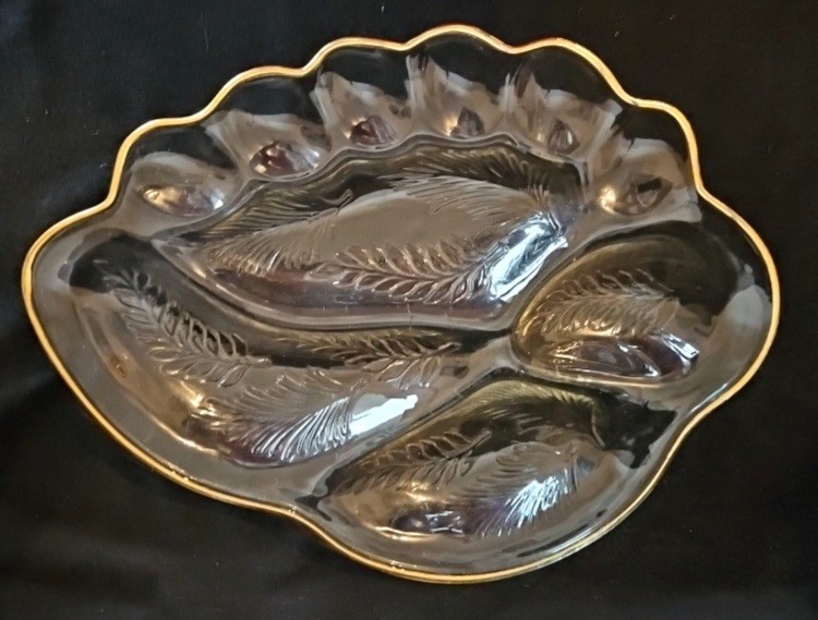 Vintage Divided Serving Tray Deviled Eggs Feather Pattern Clear w/ Gold Trim 17"