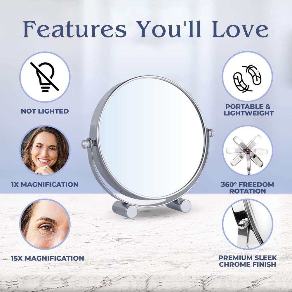 MIRRORVANA Small 15X Magnifying Tabletop Mirror for Makeup - Double Sided 15x...