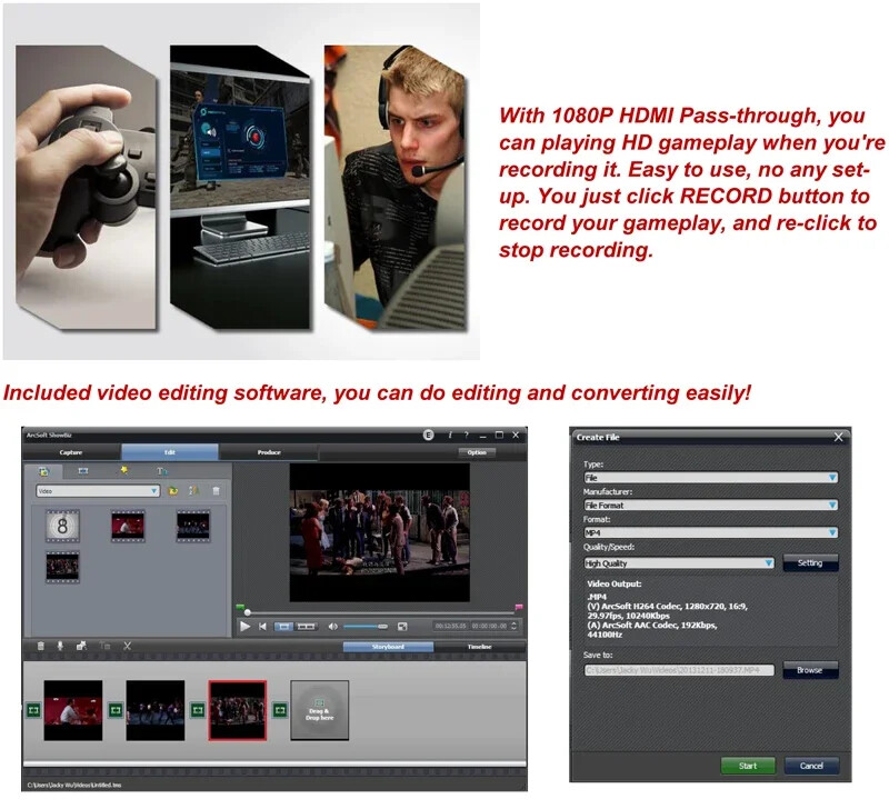 EZCAP 280HD HDMI Game Capture Card Video Record Box Recorder MIC Input U Disk PC