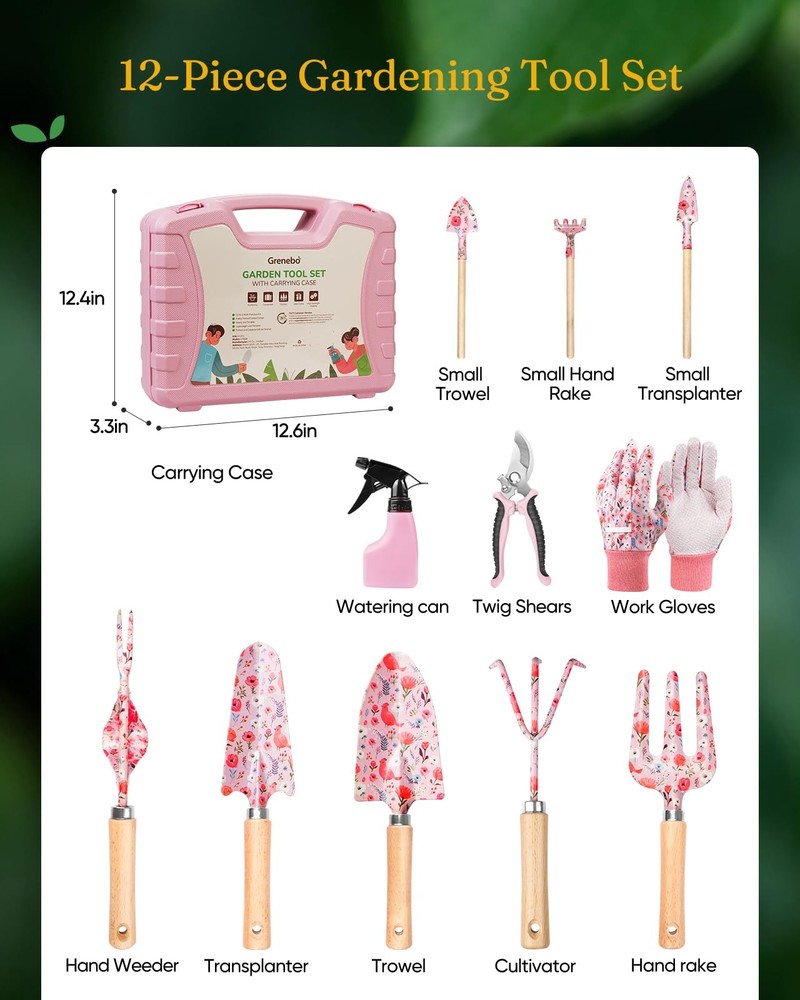 Grenebo 12-Piece Womens Gardening Tools Gift Set, Rust-Proof & Pink