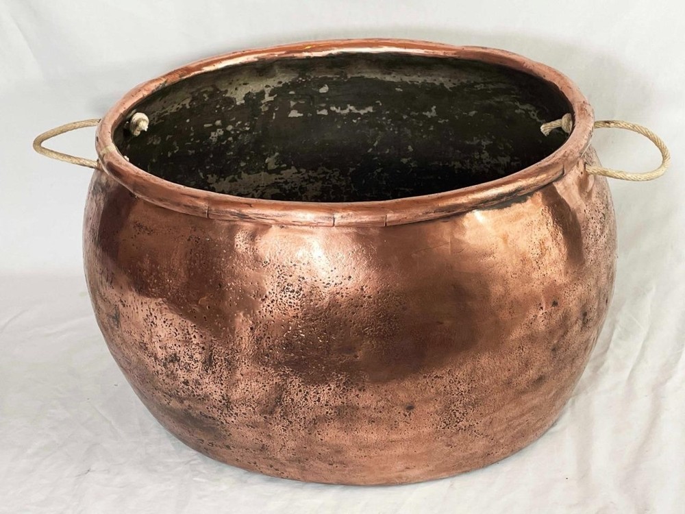 BIG GEORGIAN ANTIQUE SOLID COPPER LOG BIN - CAULDRON - PLANTER